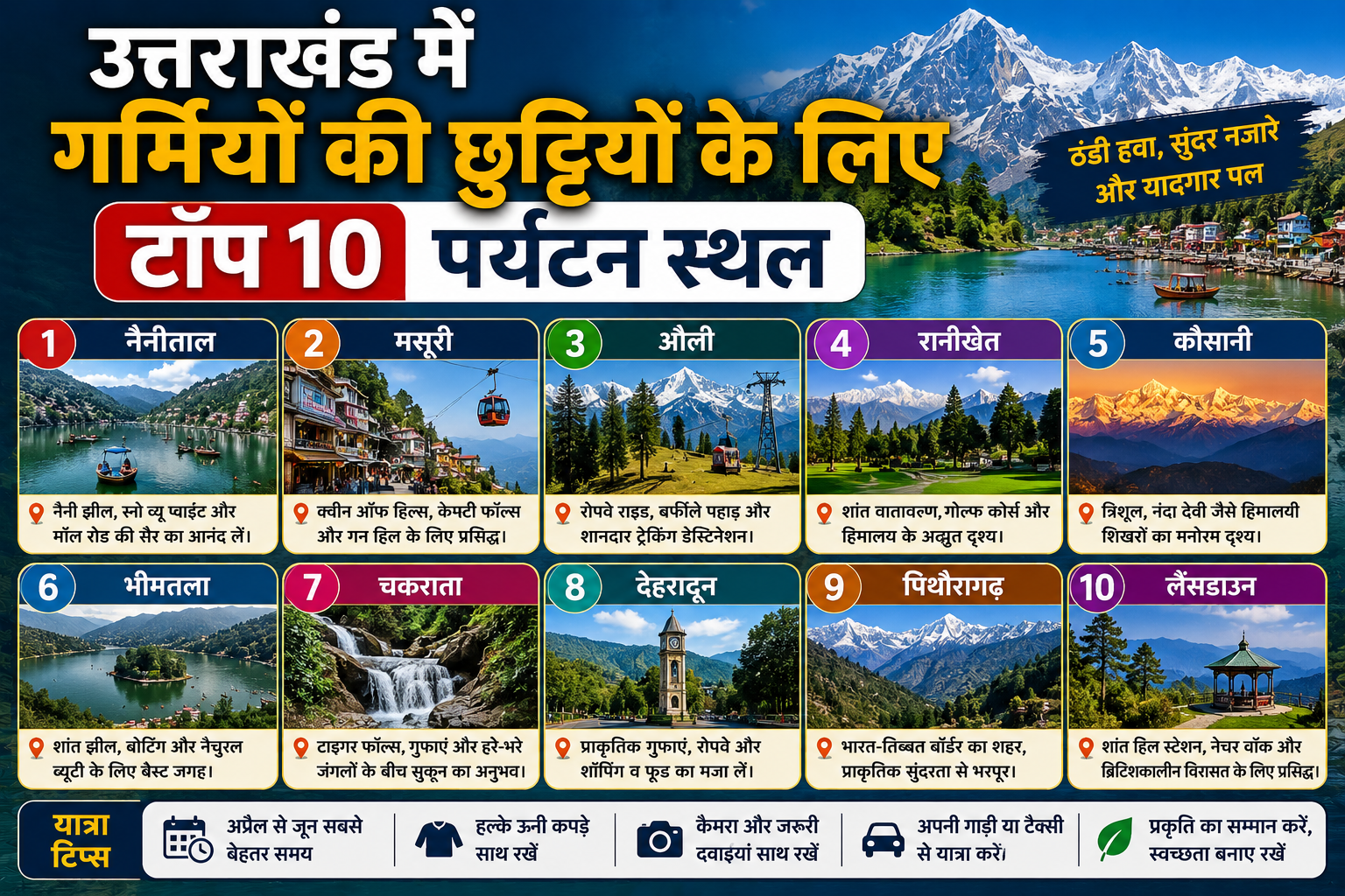 उत्तराखंड में गर्मियों की छुट्टियों के लिए टॉप 10 पर्यटन स्थल (Top 10 Tourist Places in Uttarakhand for Summer Vacation)