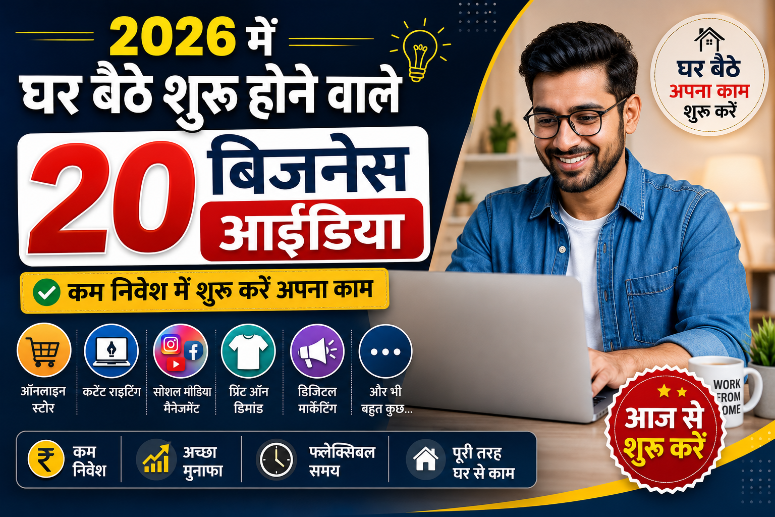 Business Ideas Hindi: 2026 में घर बैठे शुरू होने वाले 20 बिजनेस आइडिया, कम निवेश में शुरू करें अपना काम 1 Business Ideas Hindi: 2026 में घर बैठे शुरू होने वाले 20 बिजनेस आइडिया, कम निवेश में शुरू करें अपना काम